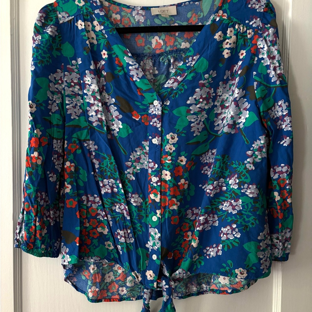 LOFT Blue Flutter Sleeve Blouse with Tie Front